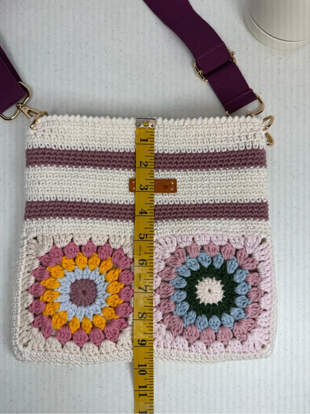 Crochet Granny Square Crossbody Bag Adjustable Strap, Zippered Lined Purse